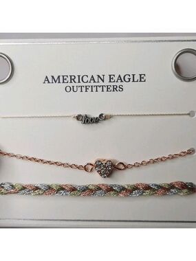 American Eagle Outfitters Heart and Love Bracelet Trio - Gold, Silver, and Brown